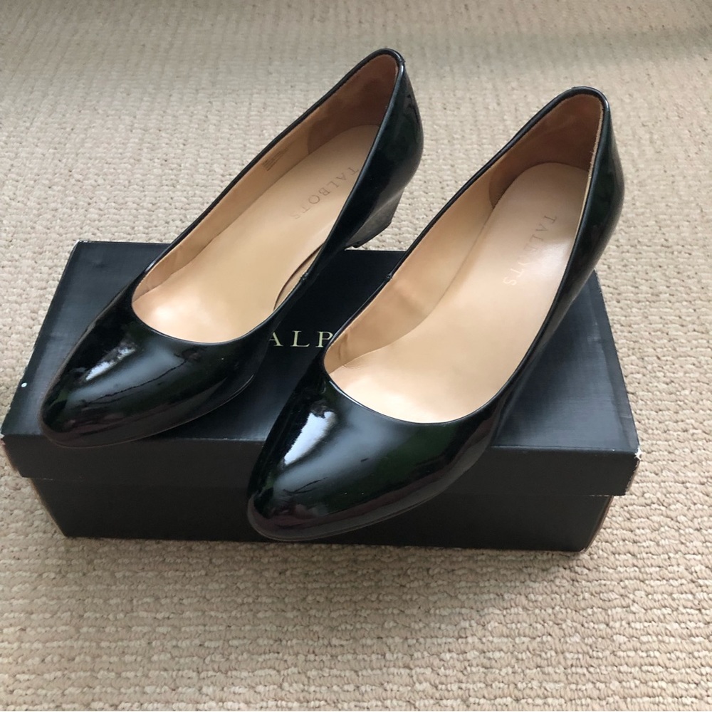 Talbots black patent leather wedge.